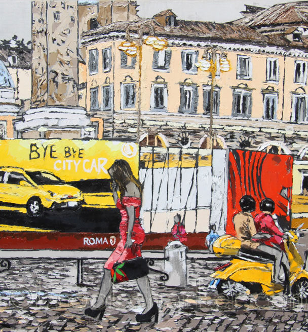 Walking Rome | 26 x 40 | ink, oil & acrylic on canvas | by Brooke Harker | SOLD