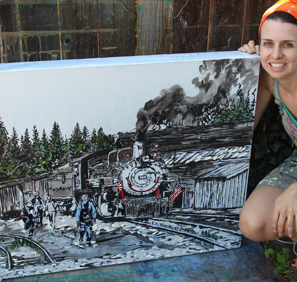 artist Brooke Harker poses with Reflections of Cumbres Pass