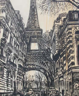 La Tour Eiffel Incognito | 64 x 33 | ink & acrylic on canvas | by Brooke Harker | SOLD