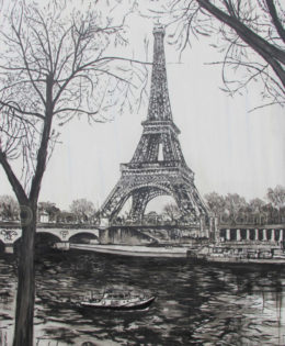 Madame Eiffel à la Seine | 78 x 52 | ink & acrylic on canvas | by Brooke Harker | SOLD