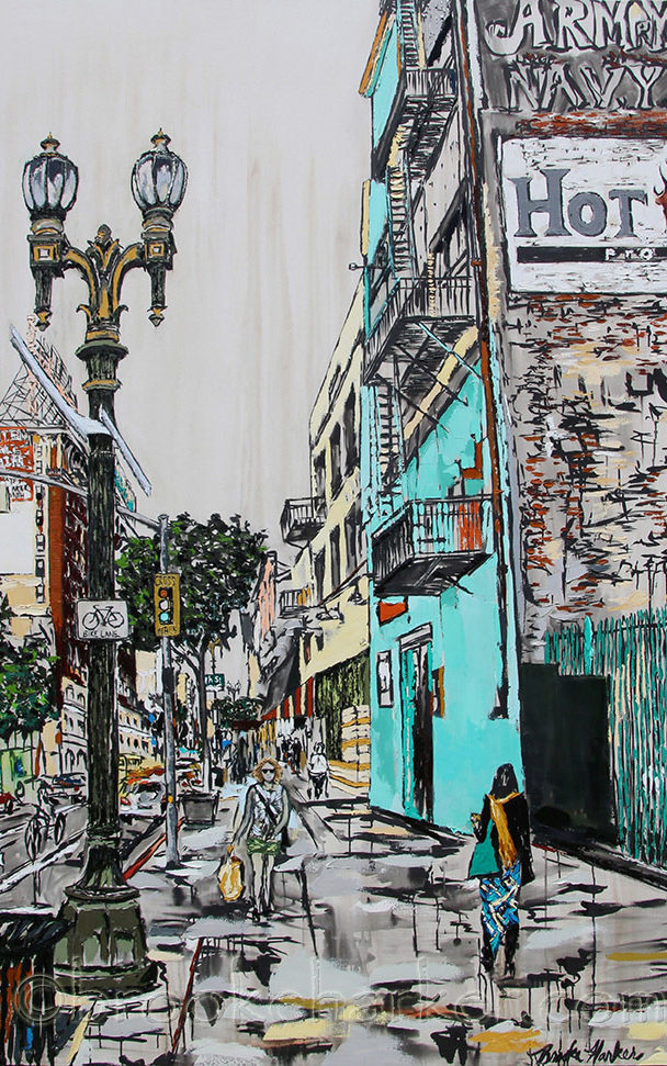 Downtown Stride | 90 x 60 | ink, oil & acrylic on canvas| by Brooke Harker