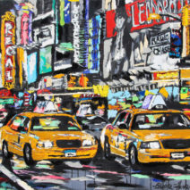 Parade of Taxis | 32 x 38 | ink, oil & acrylic on canvas | by Brooke Harker