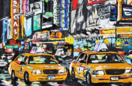 Parade of Taxis | 32 x 38 | ink, oil & acrylic on canvas | by Brooke Harker