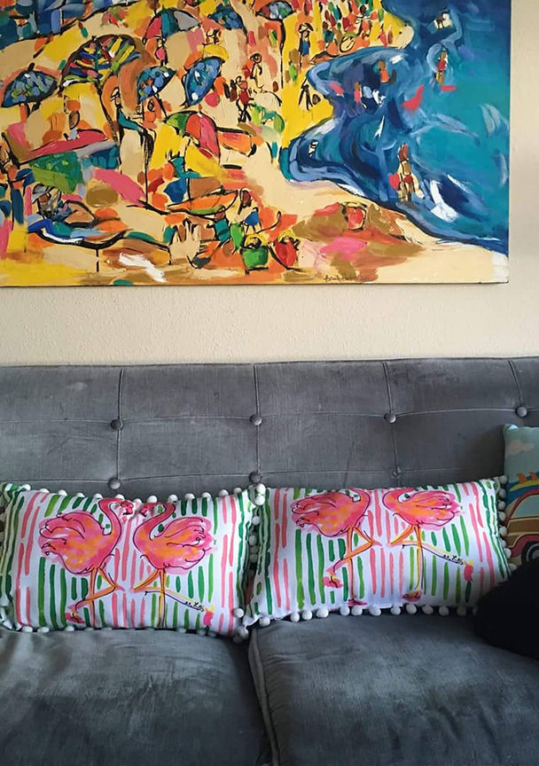 Santa Monica Sunshine with flamingo pillow friends