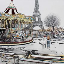 La Magie du Carrousel | 68 x 68 | ink, oil & acrylic on canvas | by Brooke Harker | SOLD