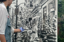 artist Brooke Harker painting framework of “Hollywood in Stride”