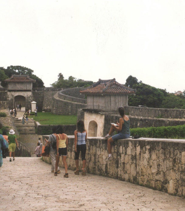 Brooke Harker sketching at Shuri Castle-Okinawa, Japan