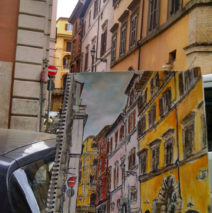 a watercolor sketching of colorful buildings in Rome