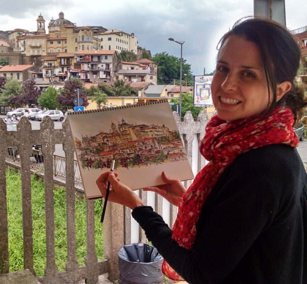 Brooke Harker painting by the train station in Valmontone, Italy