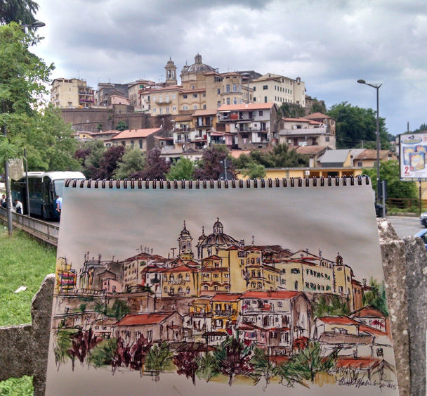 ink & watercolor sketch by Brooke Harker of Valmontone, Italy