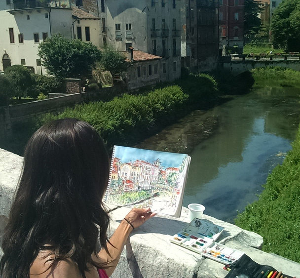 Brooke Harker sketching live in Vicenza, Italy