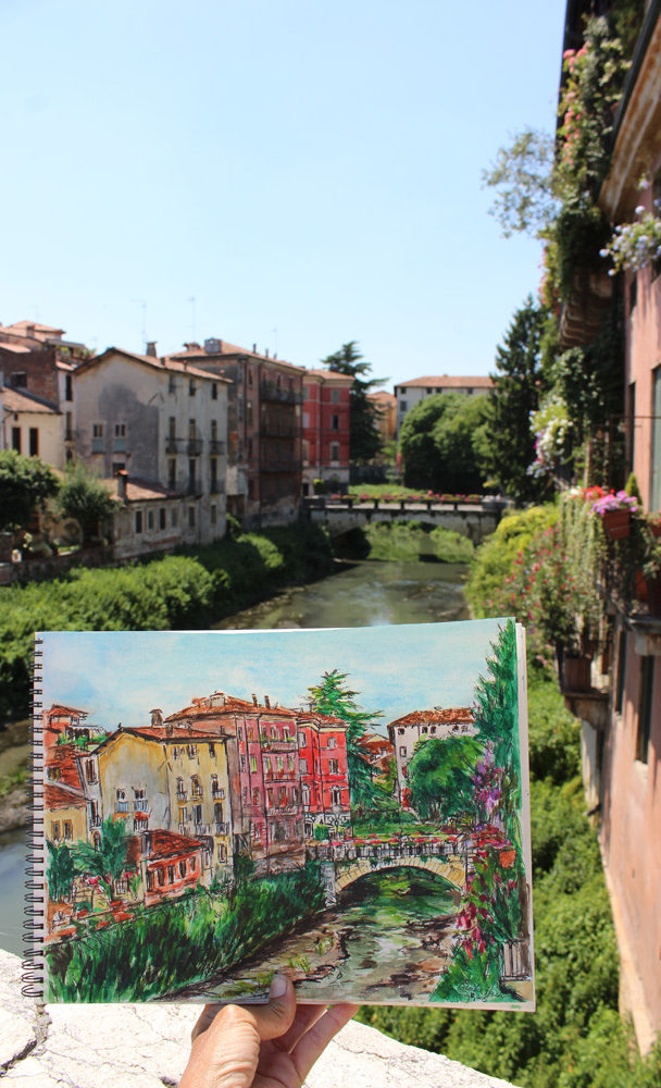 watercolor sketch of Vicenza, Italy on location