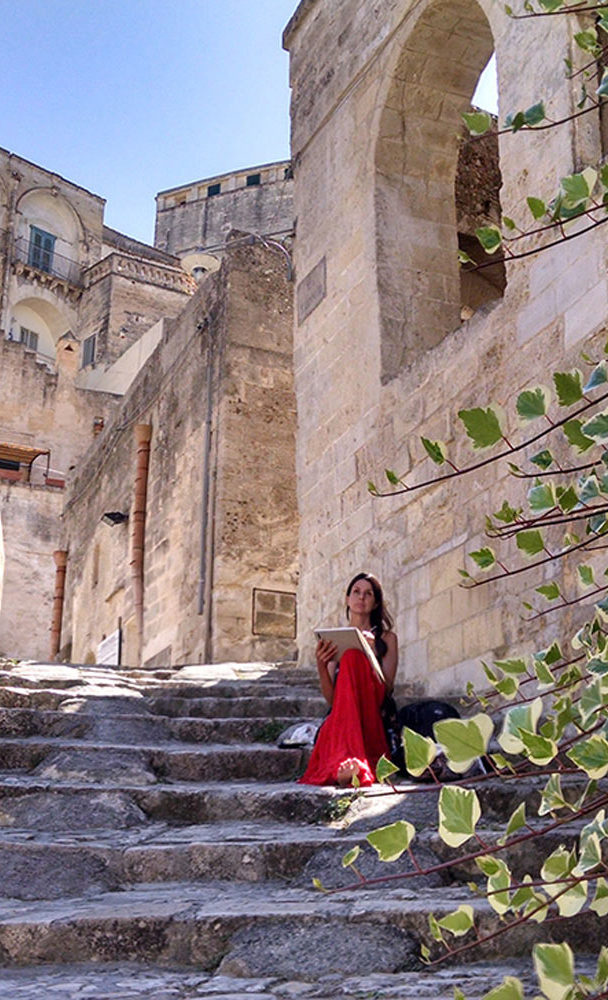 sketching from the steps in the Sassi of Matera, Italy