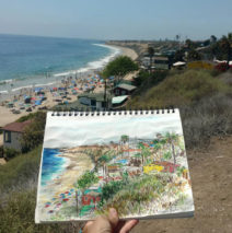 watercolor of Crystal Cove on location in Newport Beach, CA