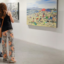 patrons looking at “Leisure Day” by Brooke Harker at Castelli Artspace