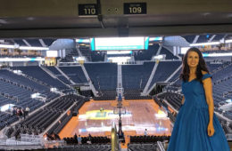 artist Brooke Harker next to the arena in the Chase Center