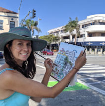 artist Brooke Harker on location in Santa Monica sketching