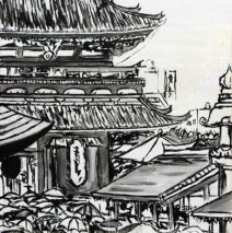 Sensoji Memoirs Abridged | 37 x 28 | ink & acrylic on canvas | Brooke Harker | collection of The U.S. Embassy Tokyo, Japan