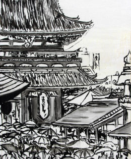 Sensoji Memoirs Abridged | 37 x 28 | ink & acrylic on canvas | Brooke Harker | collection of The U.S. Embassy Tokyo, Japan