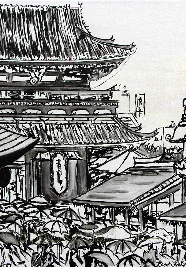 Sensoji Memoirs Abridged | 37 x 28 | ink & acrylic on canvas | Brooke Harker | collection of The U.S. Embassy Tokyo, Japan