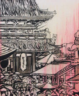 Sensoji Memoirs Unspoken | 37 x 28 | ink & acrylic on canvas | by Brooke Harker | collection of The U.S. Embassy Tokyo, Japan