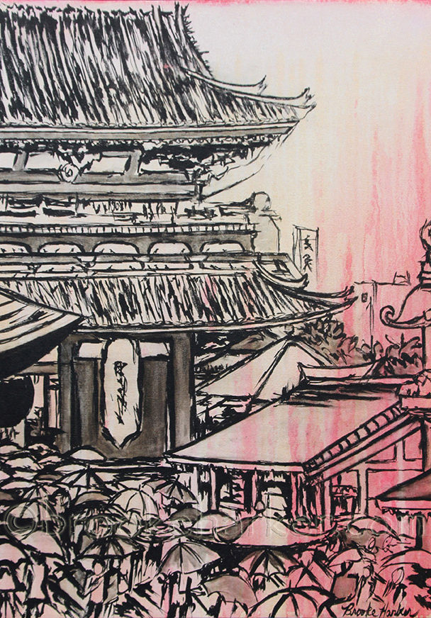 Sensoji Memoirs Unspoken | 37 x 28 | ink & acrylic on canvas | by Brooke Harker | collection of The U.S. Embassy Tokyo, Japan