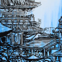 Sensoji Memoirs in Blue | 37 x 28 | ink & acrylic on canvas | by Brooke Harker | collection of The U.S. Embassy Tokyo, Japan