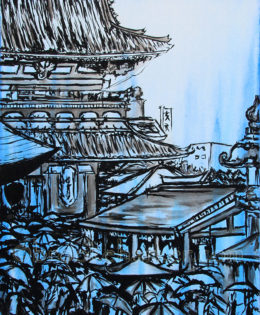 Sensoji Memoirs in Blue | 37 x 28 | ink & acrylic on canvas | by Brooke Harker | collection of The U.S. Embassy Tokyo, Japan