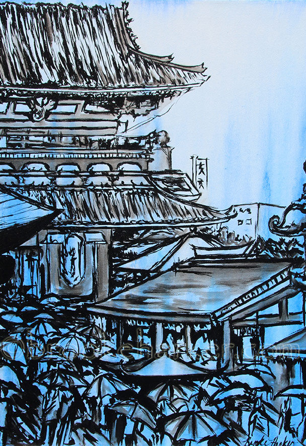 Sensoji Memoirs in Blue | 37 x 28 | ink & acrylic on canvas | by Brooke Harker | collection of The U.S. Embassy Tokyo, Japan