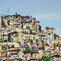 “Remembering Matera” | 48″ x 144″ | ink, oil & acrylic on canvas | by Brooke Harker