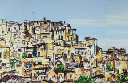 “Remembering Matera” | 48″ x 144″ | ink, oil & acrylic on canvas | by Brooke Harker