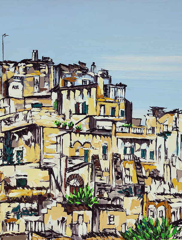 “Remembering Matera” | 48″ x 144″ | ink, oil & acrylic on canvas | by Brooke Harker