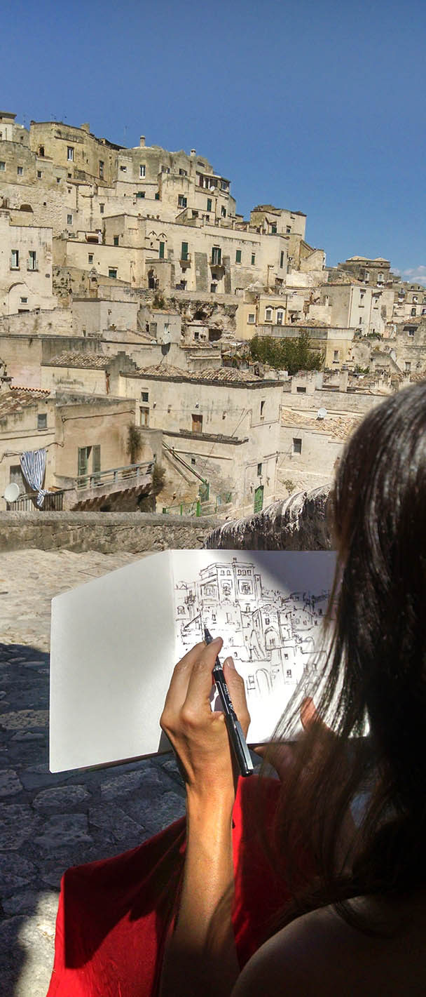 Brooke Harker beginning the sketch that would inspire “Remembering Matera”