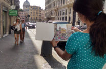 Brooke Harker painting the watercolor in Rome that inspired “All Roads Lead”