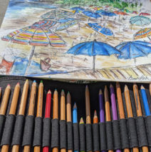 A sketch by Harker of umbrellas in Laguna Beach