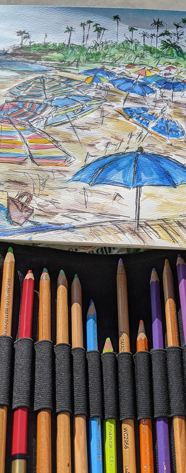 A sketch by Harker of umbrellas in Laguna Beach