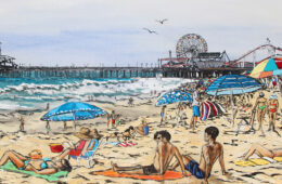 “Borgheses at the Beach” | 29″ x 60 | ink oil and acrylic on canvas | by Brooke Harker | SOLD