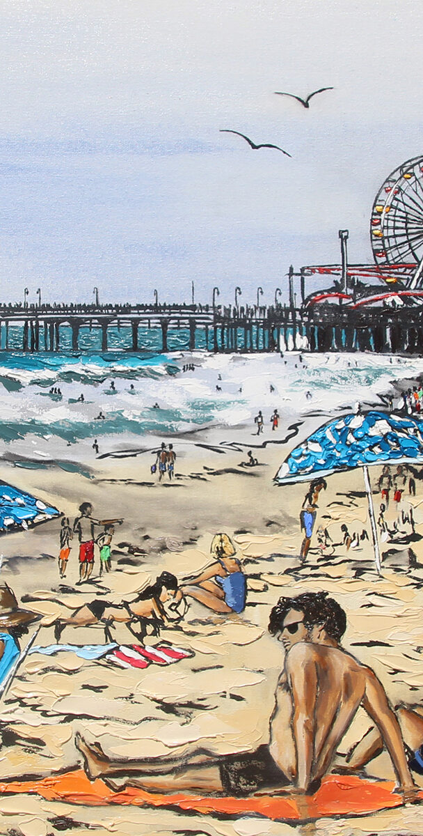 “Borgheses at the Beach” | 29″ x 60 | ink oil and acrylic on canvas | by Brooke Harker | SOLD